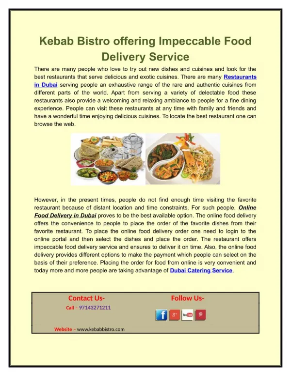 Kebab Bistro offering Impeccable Food Delivery Service