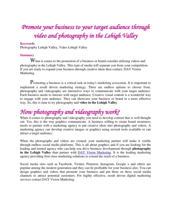 Promote your business to your target audience through video and photography in the Lehigh Valley