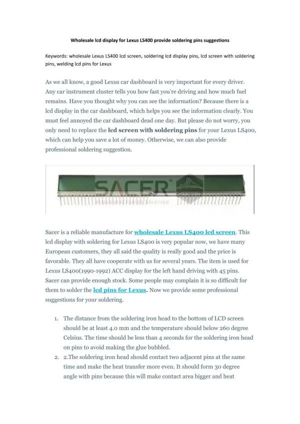 Wholesale lcd display for Lexus LS400 provide soldering pins suggestions