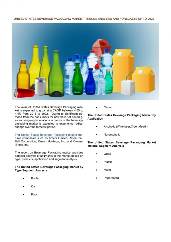 United States Beverage Packaging Market: Prospects, Trends, Market Size and Forecasts up to 2022