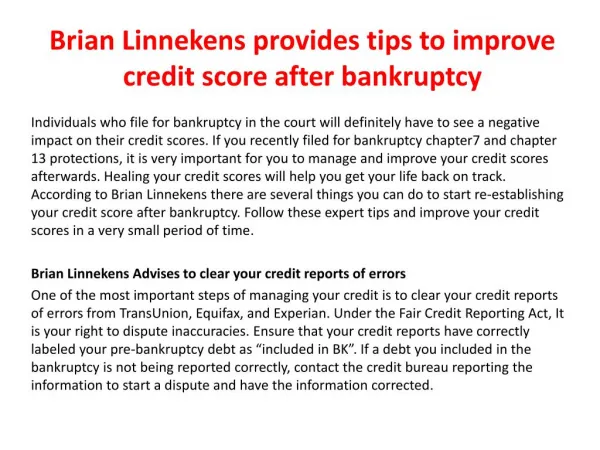 Brian Linnekens provides tips to improve credit score after bankruptcy