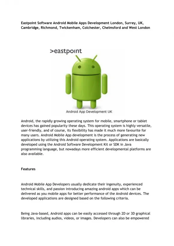 Eastpoint Software Android Mobile Apps Development London, Surrey, UK, Cambridge, Richmond, Twickenham, Colchester, Chel