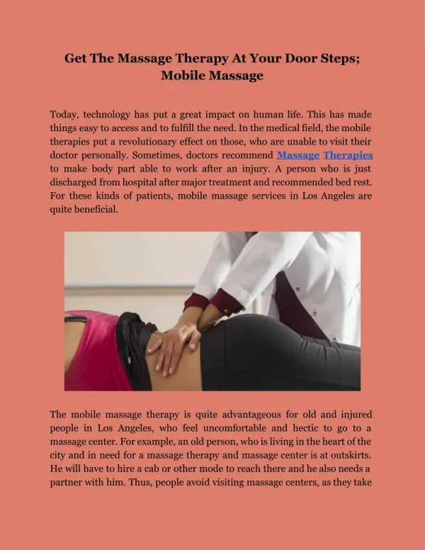 Get The Massage Therapy At Your Door Steps; Mobile Massage