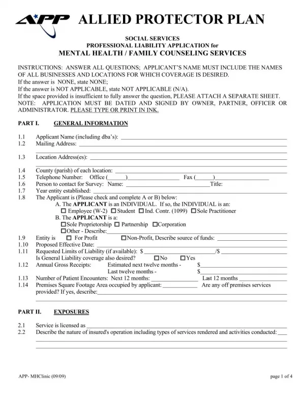 Professional Liability Application for Mental Health / Family Counseling Services
