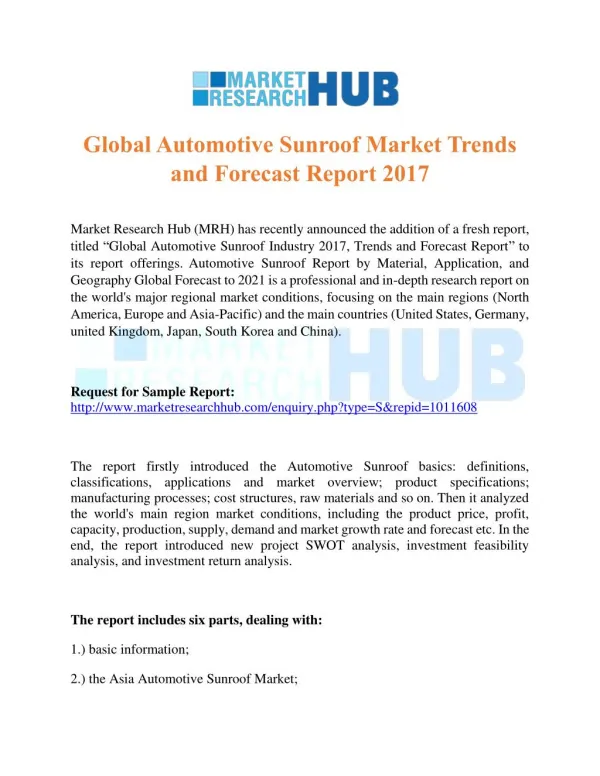 Global Automotive Sunroof Market Trends and Forecast Report 2017