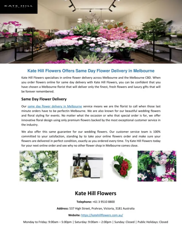 Kate Hill Flowers Offers Same Day Flower Delivery in Melbourne