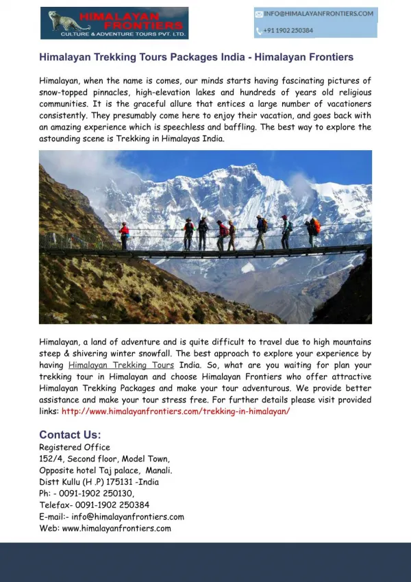 Himalayan Trekking Tours Packages India - Himalayan Frontiers
