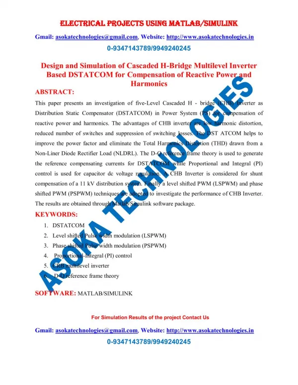Design and Simulation of Cascaded H-Bridge Multilevel Inverter Based DSTATCOM for Compensation of Reactive Power and Har