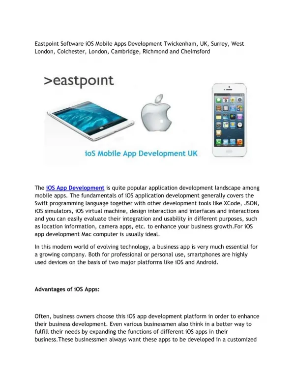 Eastpoint Software iOS Mobile Apps Development Twickenham, UK, Surrey, West London, Colchester, London, Cambridge, Richm