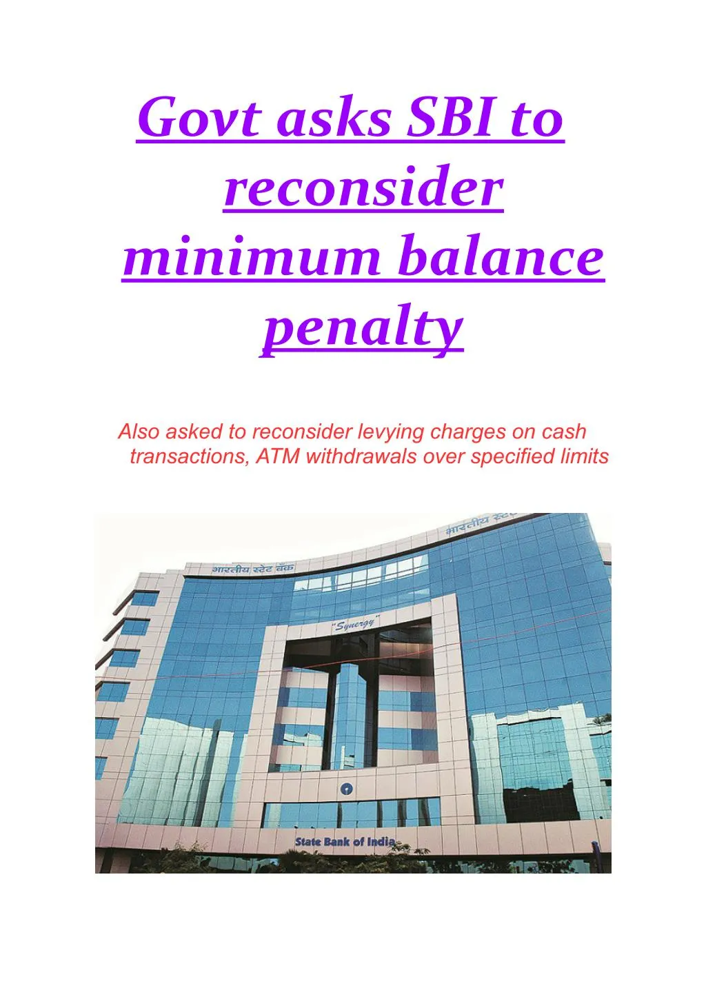 govt asks sbi to reconsider minimum balance