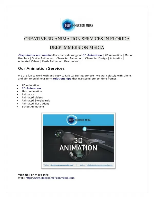 Creative 3D Animation Services In Florida | Deep Immersion Media
