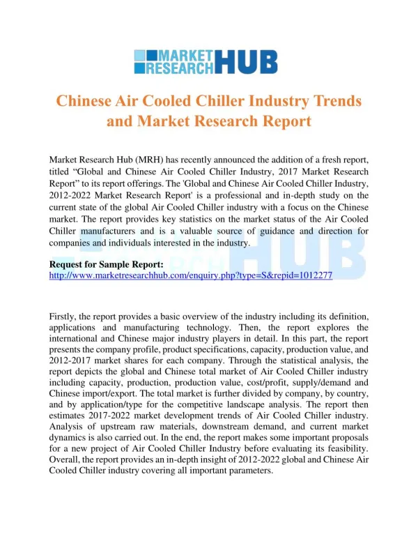Chinese Air Cooled Chiller Industry Trends and Market Research Report 2017