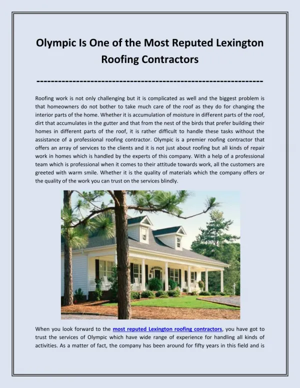 Olympic Is One of the Most Reputed Lexington Roofing Contractors