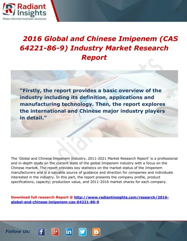 Global and Chinese Imipenem Industry Competitive Analysis and Forecast Report to 2016
