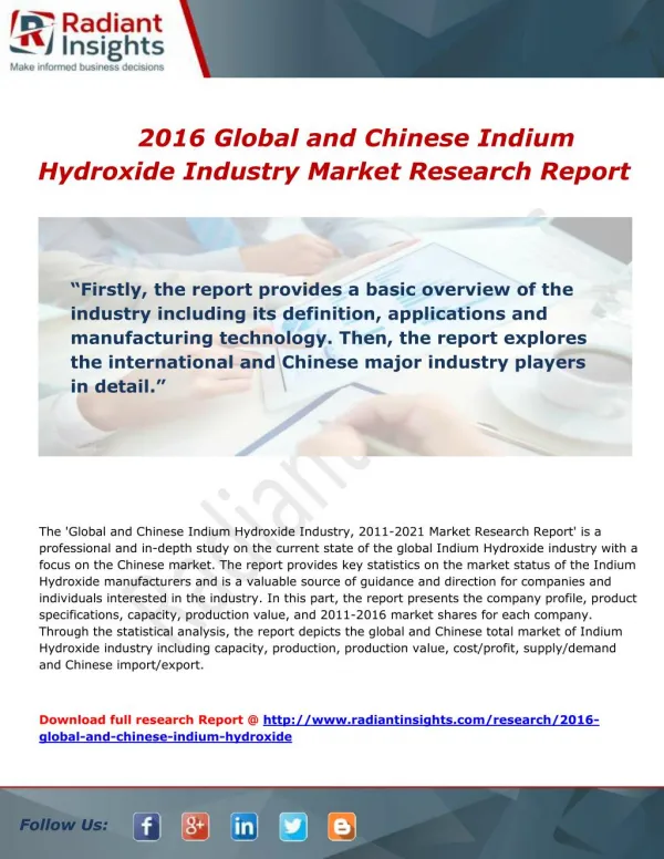 Global and Chinese Indium Hydroxide Market trends, services, sales and overview to 2016