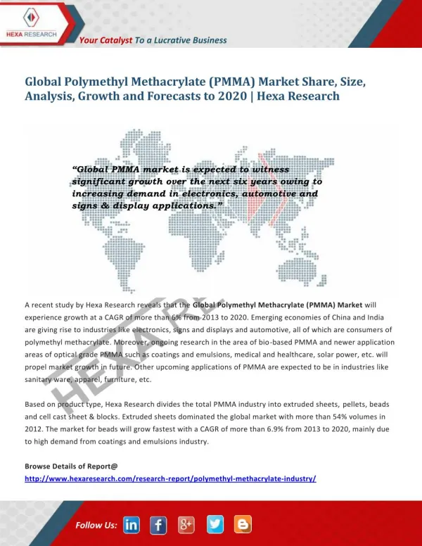 Polymethyl Methacrylate Market Research Report - Global Industry Analysis and Forecast to 2020 - Hexa Research