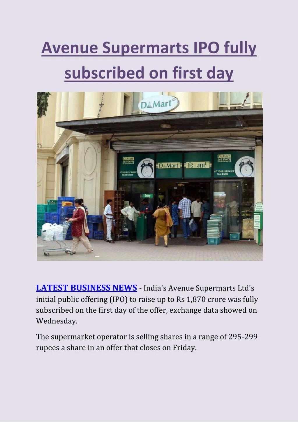 avenue supermarts ipo fully subscribed on first