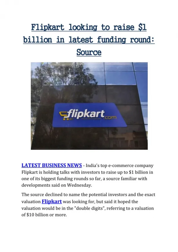 Flipkart looking to raise $1 billion in latest funding round: Source