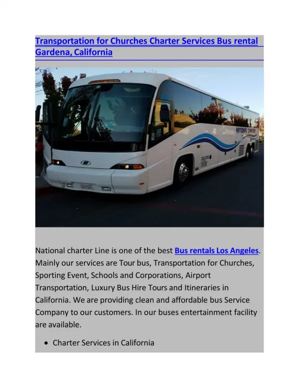 Transportation for Churches Charter Services Bus rental Gardena, California