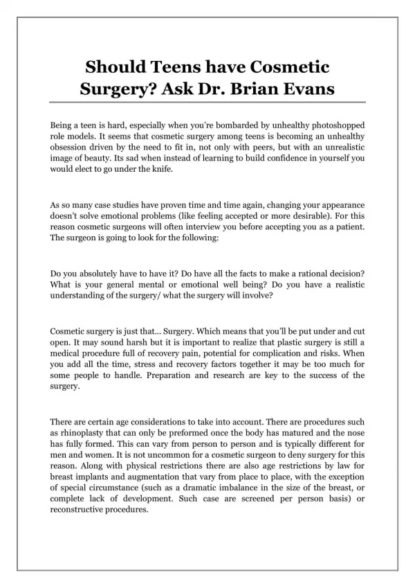Should Teens have Cosmetic Surgery? Ask Dr. Brian Evans