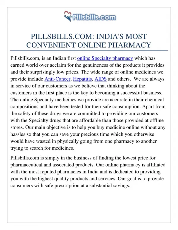 PillsBills.com: India's Ist Online Specialty Pharmacy