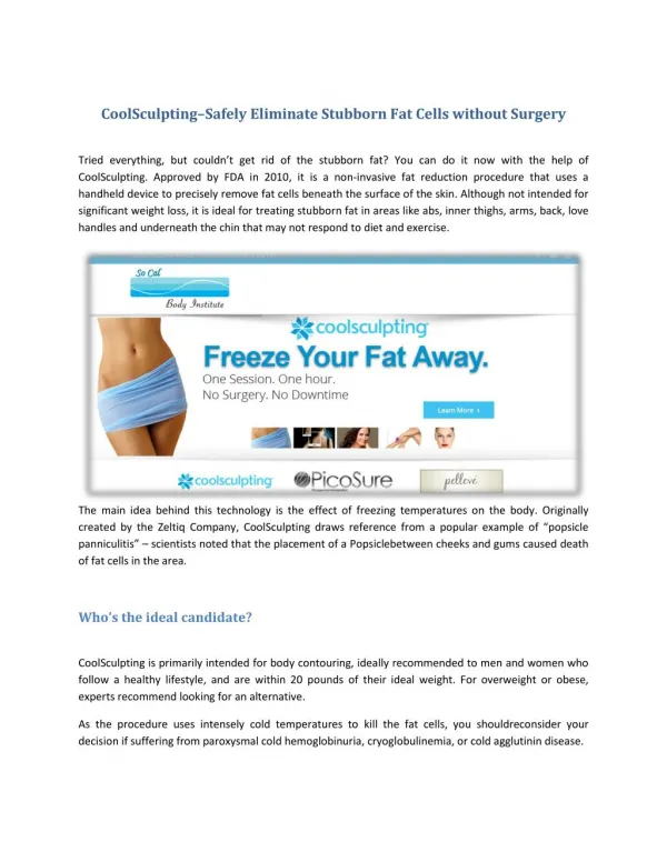 CoolSculpting–Safely Eliminate Stubborn Fat Cells without Surgery