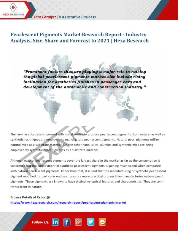 Pearlescent Pigments Market Analysis, Size, Share, Growth and Forecast to 2021 | Hexa Research