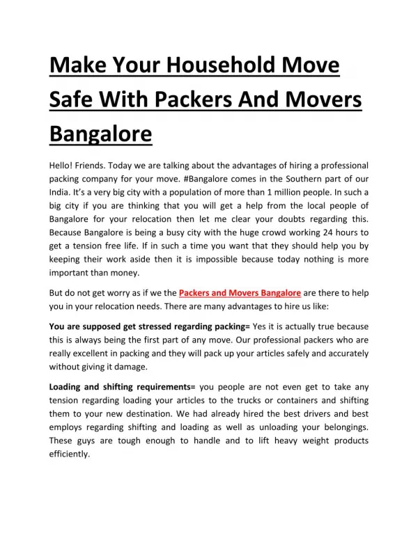 Make Your Household Move Safe With Packers And Movers Bangalore