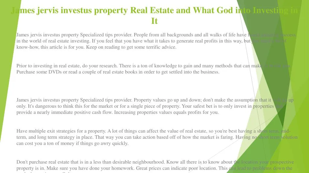 james jervis investus property real estate and what god into investing in it