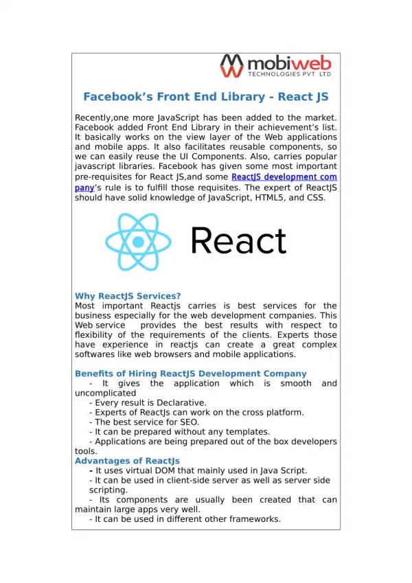 Facebook’s Front End Library - React JS