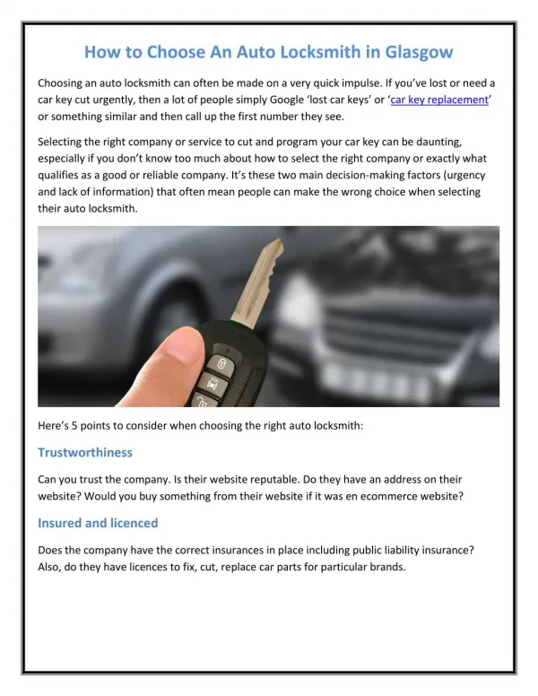 How to Choose An Auto Locksmith in Glasgow