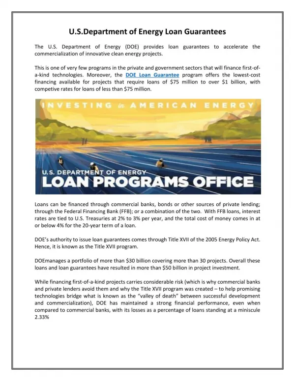 U.S.Department of Energy Loan Guarantees