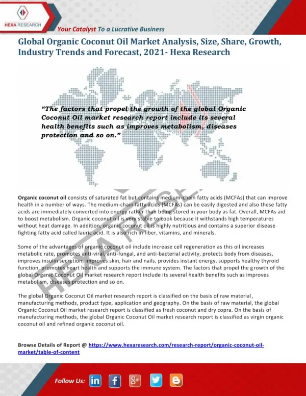 Organic Coconut Oil Market Size, Share, Growth and Forecast to 2021 - Hexa Research
