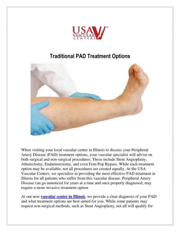 Traditional PAD Treatment Options at USA Vascular Centers