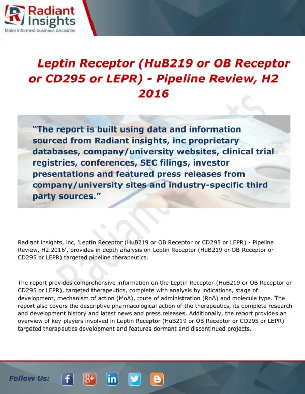 Market research on Leptin Receptor - Pipeline Review, H2 2016