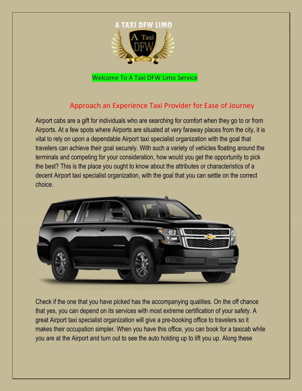 welcome to a taxi dfw limo service