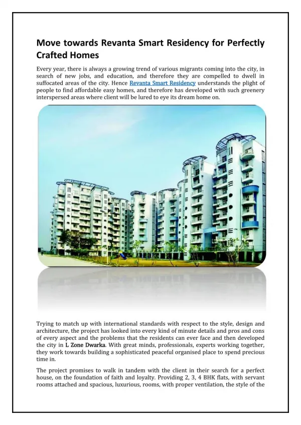Move towards revanta smart residency for perfectly crafted homes