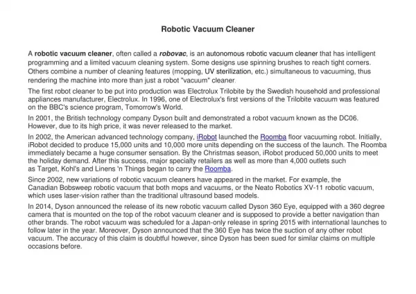 Hi-Tech Robotic Vacuum Cleaner or RoboVac