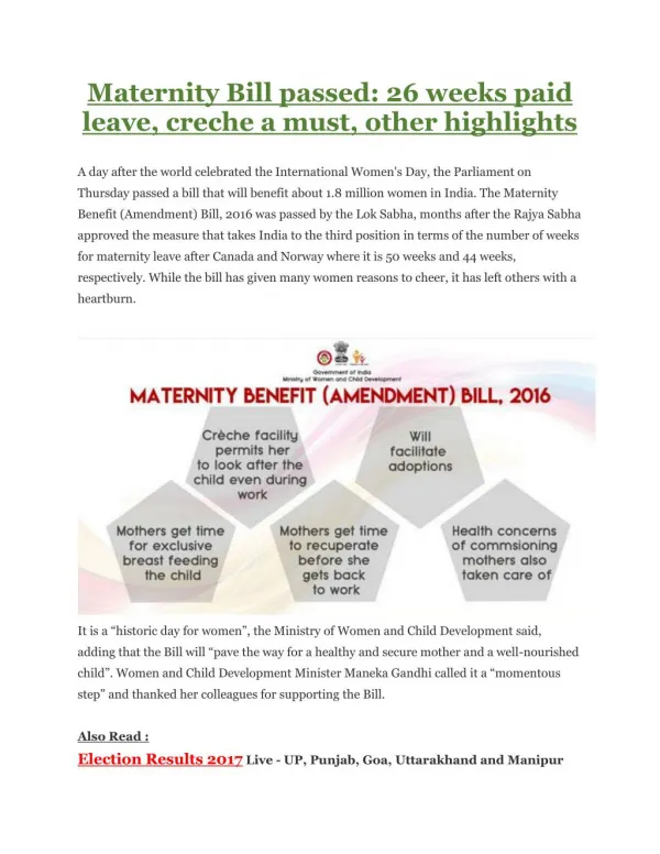 Maternity Bill passed: 26 weeks paid leave, creche a must, other highlights