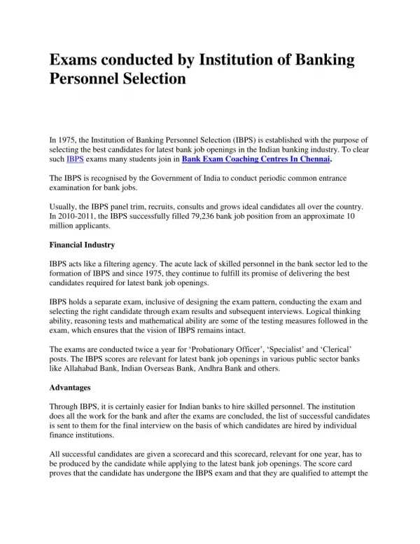 Exams conducted by Institution of Banking Personnel Selection