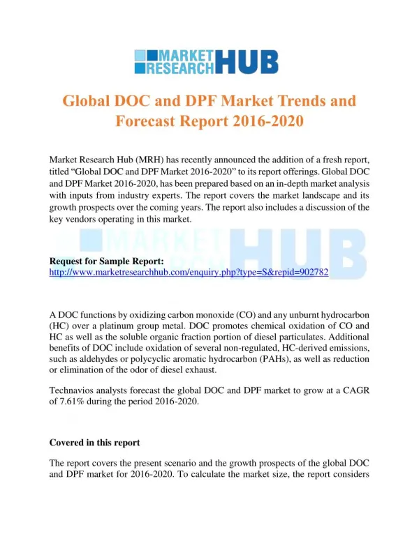 Global DOC and DPF Market Trends and Forecast Report 2016-2020