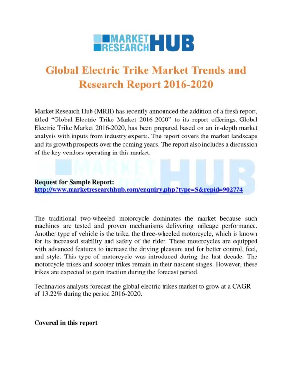 Global Electric Trike Market Trends and Research Report 2016-2020