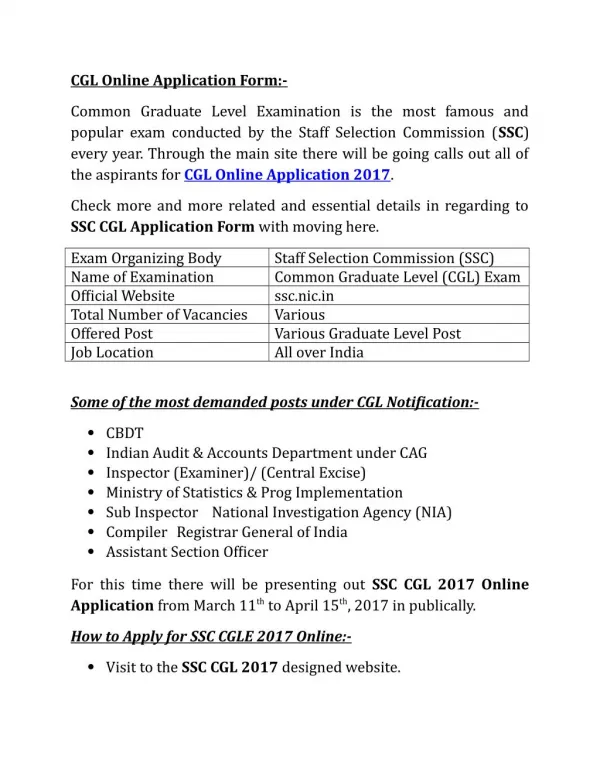 CGL Application Online Form 2017