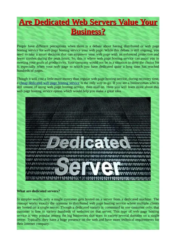 Are Dedicated Web servers Value Your Business?