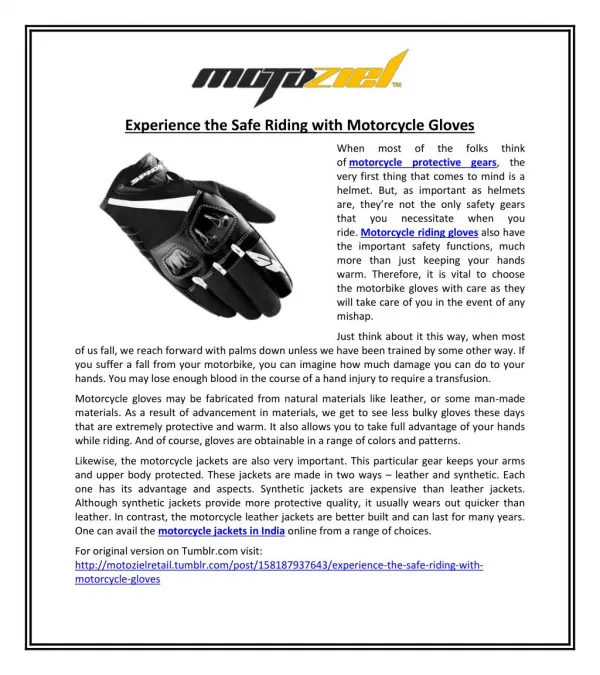 Experience the Safe Riding with Motorcycle Gloves
