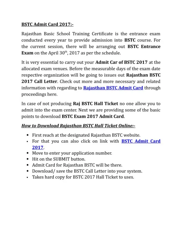 BSTC Admit Card 2017