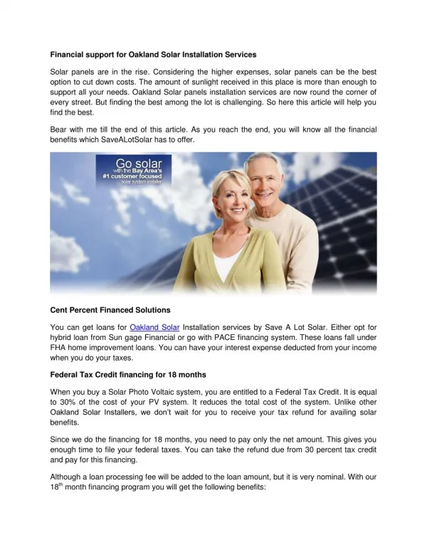 Financial support for Oakland Solar Installation Services