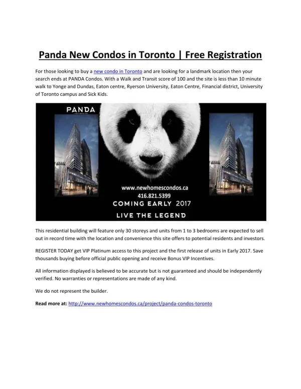 Panda New Condos - Once in a Lifetime Opportunity