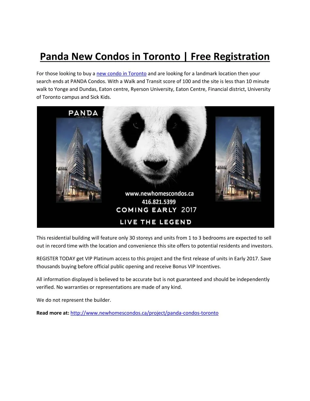 panda new condos in toronto free registration