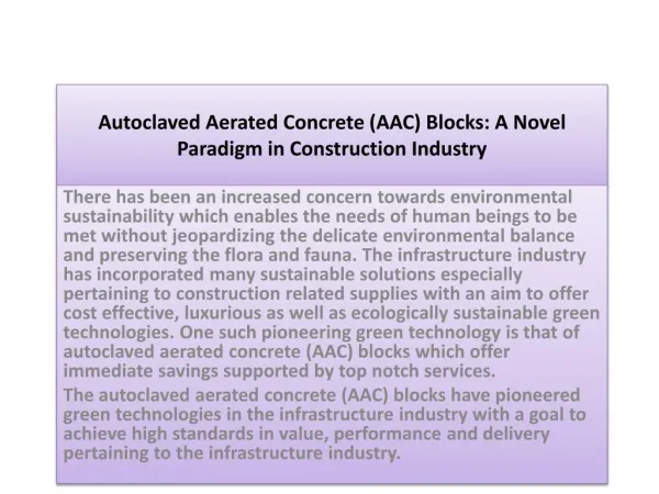 Autoclaved Aerated Concrete (AAC) Blocks: A Novel Paradigm in Construction Industry